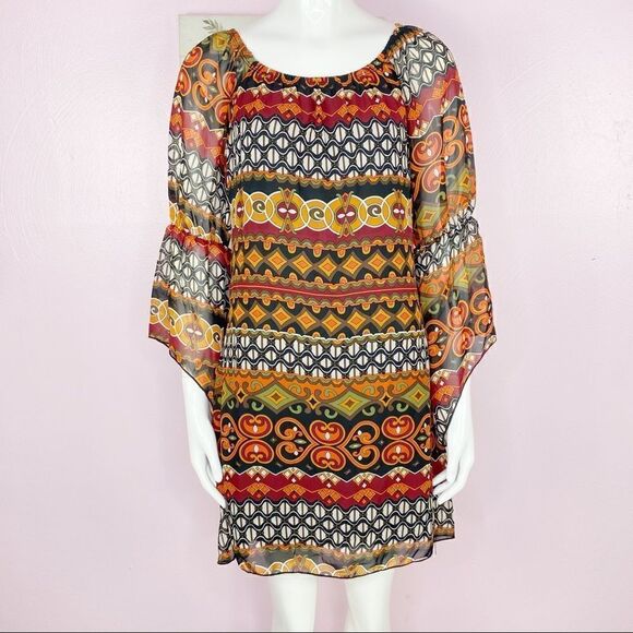 Voll Off The Shoulder Multi Print Shift Dress Split Handkerchief Sleeve Small - Picture 2 of 15